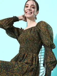 Roadster Women Lovely Olive Abstract Cinched Waist Dress