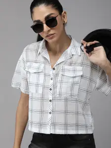 The Roadster Lifestyle Co Women White & Navy Blue Semi Sheer Checked Casual Shirt