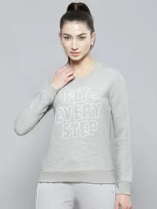 Alcis Women Grey Melange Typography Printed & Textured Applique Sweatshirt
