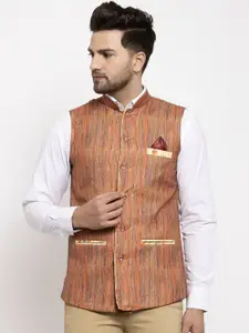 KLOTTHE Men Orange Embellished Woven Nehru Jacket
