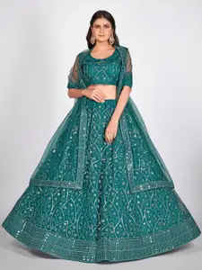 SHOPGARB Teal & Silver-Toned Semi-Stitched Lehenga & Unstitched Blouse With Dupatta