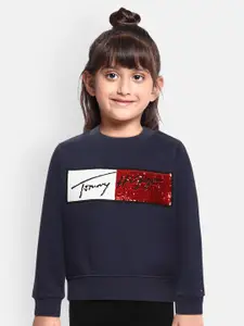Tommy Hilfiger Girls Navy Blue Solid Brand Logo Organic Cotton Hooded Sweatshirt