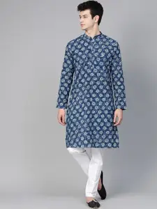 See Designs Men Blue & White Ethnic Motifs Hand Block Printed Kurta