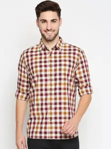 Basics Men Maroon & Off White Pure Cotton Slim Fit Checked Casual Shirt