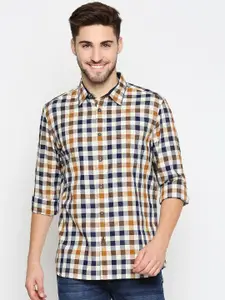 Basics Men Navy Blue & Off White Pure Cotton Slim Fit Checked Casual Shirt