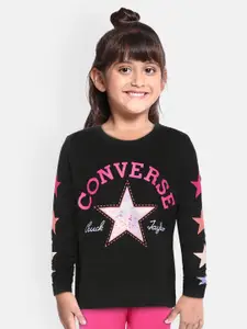 Converse Girls Black  Pink Brand Logo Heart Print Boxy Pure Cotton T-shirt