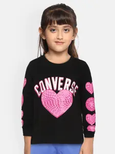 Converse Girls Black  Pink Brand Logo Heart Print Pure Cotton T-shirt