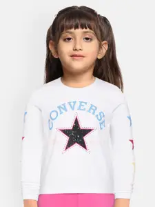 Converse Girls White  Blue Brand Logo Print  Boxy Pure Cotton T-shirt