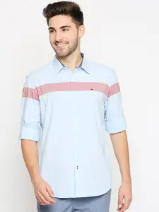 Basics Men Blue Pure Cotton Slim Fit Horizontal Stripes Striped Casual Shirt