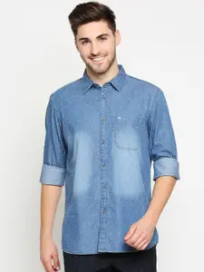 Basics Men Navy Blue Pure Cotton Denim Faded & Printed Slim Fit Casual Shirt