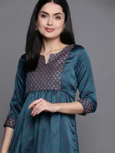 Biba Women Teal Geometric Embellished Kurta