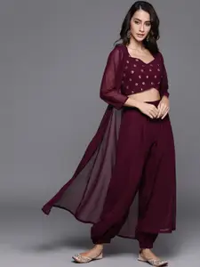 Libas Women Maroon Embroidered Regular Sequinned Top with Salwar And Shrug