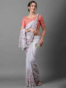 Mitera Grey & Red Floral Sequinned Poly Georgette Saree