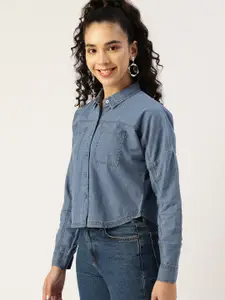 DressBerry Women Blue Solid Chambray Pure Cotton Casual Shirt