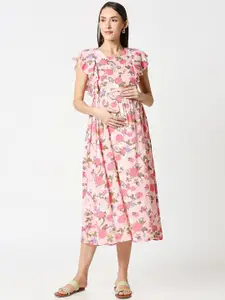AV2 Pink Floral Printed Maternity Midi Dress