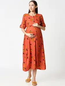 AV2 Orange Floral Printed Maternity Empire Midi Dress