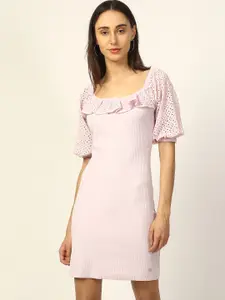ELLE Women Pink Sheath Ruffle Dress