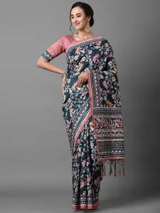 Mitera Teal & Beige Floral Silk Blend Saree