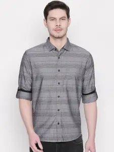 Basics Men Grey and Black Slim Fit Striped Casual Shirt