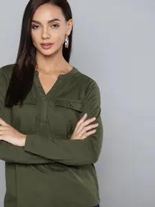 Chemistry Women Olive Green Henley Top with Pockets