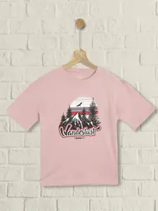 UTH by Roadster Girls Dusty Pink & Black Pure Cotton Printed Drop-Shoulder Sleeves T-shirt