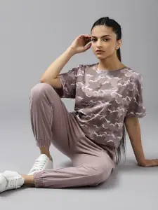 UTH by Roadster Girls Purple & Off White Camouflage Print T-shirt with Joggers