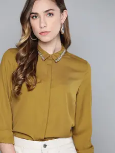 Chemistry Women Olive Green Embellished Collar Casual Shirt