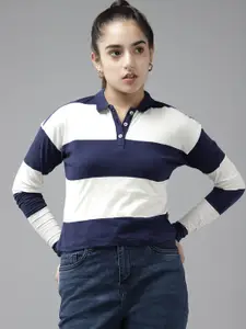 UTH by Roadster Girls White & Navy Blue Pure Cotton Striped Polo Collar T-shirt