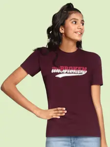 UTH by Roadster Girls Burgundy Cotton Typography Applique T-shirt