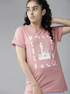 UTH by Roadster Girls Peach-Coloured & White Cotton Printed T-shirt