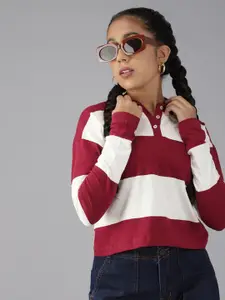 UTH by Roadster Girls Maroon & Off-White Striped Polo Collar Pure Cotton T-shirt