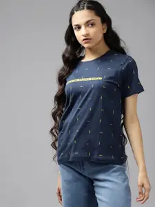 UTH by Roadster Girls Navy Blue & Mustard Yellow Cotton Printed T-shirt