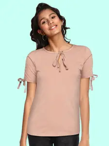 UTH by Roadster Girls Peach-Coloured Solid Tie-Up Neck Regular Top