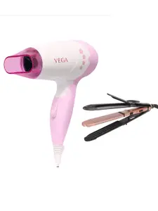 VEGA White & Pink Insta Glam 1000 Hair Dryer & Keratin 3 in 1 Hair Styler VHSCC-03