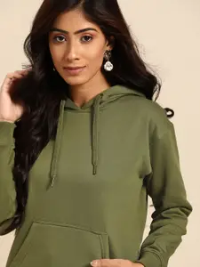 all about you Women Olive Green Solid Hooded Sweatshirt