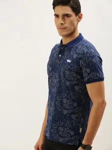 Flying Machine Men Navy Blue Floral Printed Polo Collar T-shirt