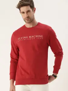 Flying Machine Men Red Brand Logo Printed Round Neck Round Neck Pure Cotton Sweatshirt