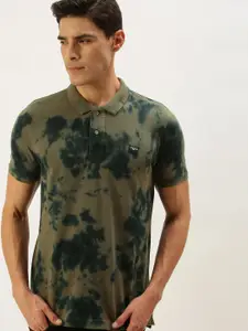 Flying Machine Men Olive Green & Teal Blue Tie and Dye Polo Collar T-shirt