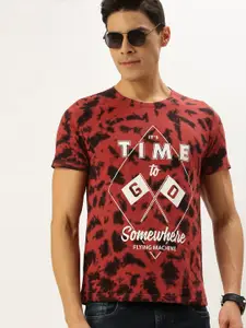Flying Machine Men Red & Black Tie and Dye Dyed T-shirt With Printed Detailing