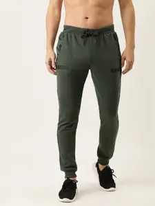 Flying Machine Men Olive Green Solid Joggers with Printed Detailing