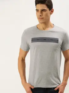Flying Machine Men Grey Melange Brand Logo Printed Pure Cotton T-shirt