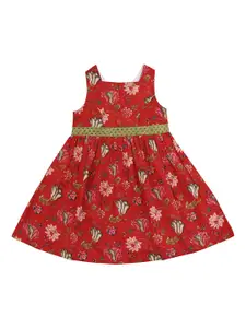 YK Girls Red & White Floral Block Printed Pure Cotton Fit & Flare Dress