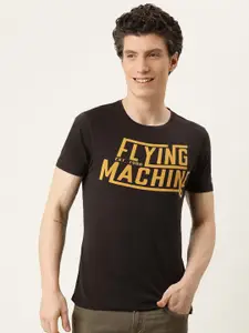 Flying Machine Men Black & Yellow Cotton Brand Logo Printed T-shirt