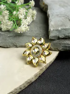 Ruby Raang Gold-Toned & White Kundan Studded Flower Handcrafted Adjustable Finger Ring