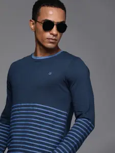 WROGN Men Navy Blue Striped Slim Fit Pure Cotton T-shirt