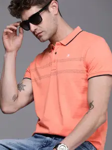 WROGN Men Pink Striped Slim Fit Polo Collar T-shirt