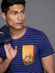 WROGN Men Navy Blue Striped Slim Fit Round Neck Pure Cotton T-shirt