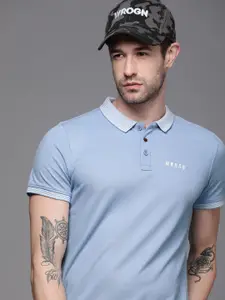 WROGN Men Blue Solid Slim Fit Polo Collar T-shirt