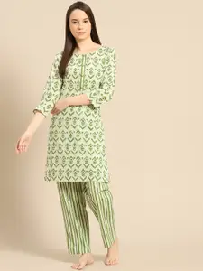 Prakrti Women Green Geometric Printed Pure Cotton Night suit