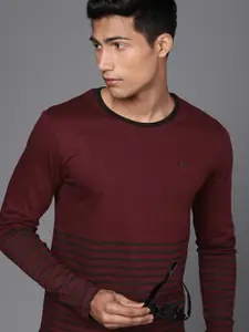 WROGN Men Maroon Striped Printed Slim Fit Pure Cotton T-shirt